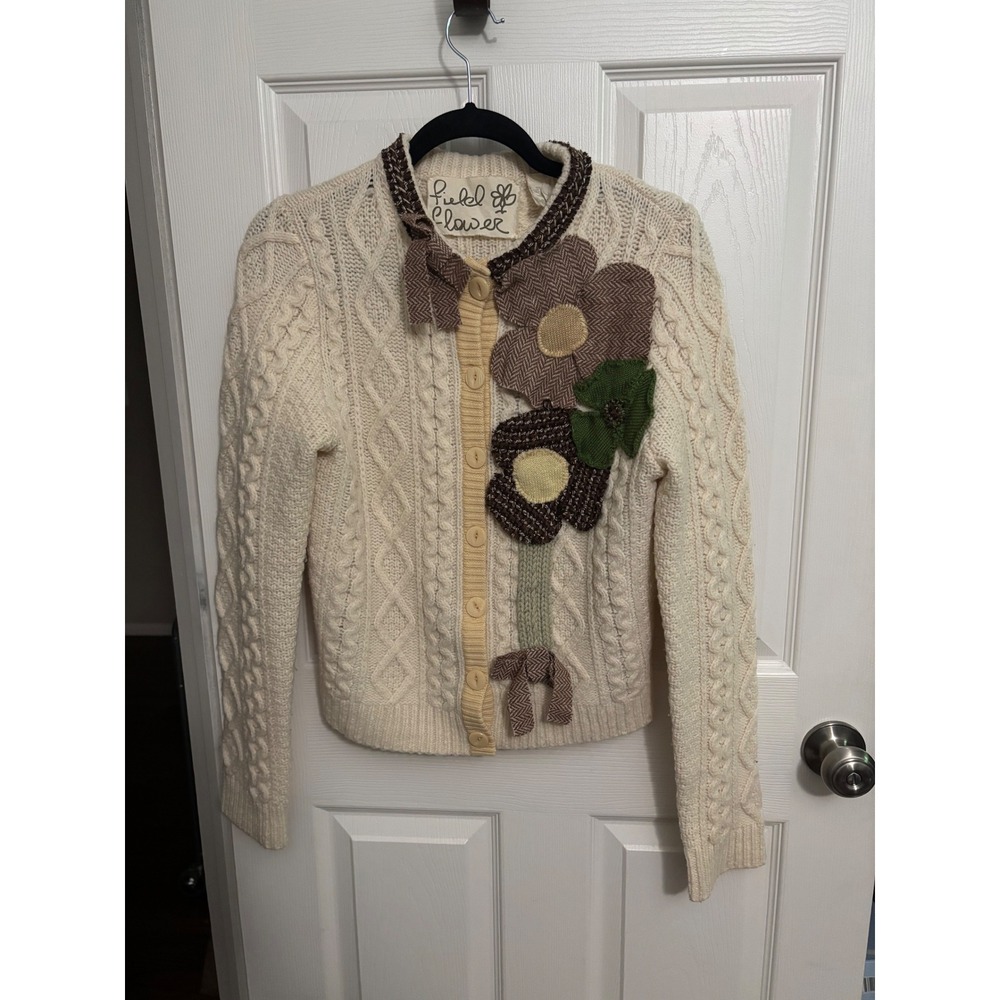 Field Flower | Cream Cable Knit Button Front Cardigan Floral Applique Bows Sz‎ M